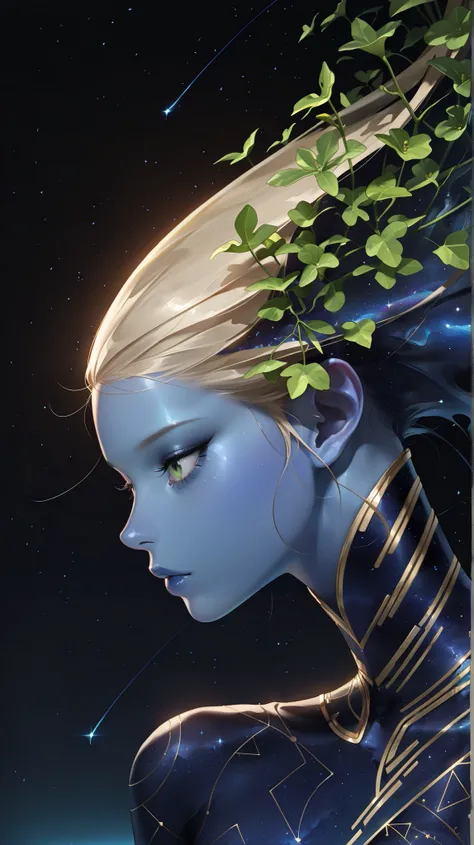 masterpiece, best quality, amazing quality, newest, very aesthetic, 1girl,Image is a digital artwork featuring a stylized, abstract portrait of a person with blue skin and hair, set against a dark background. The subject's profile is depicted with sharp, a...