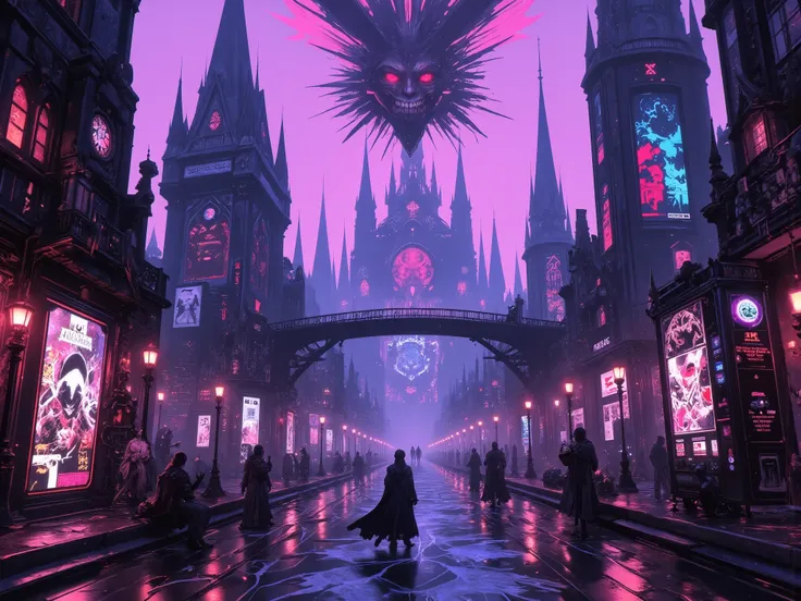 (Background details:1.5), (motion blur:1.2) A sprawling underworld cityscape rises beyond the veil, blending gothic architecture with futuristic neon-glow technology. Towering gothic skyscrapers stretch into an eerie, mist-laden sky, their spires adorned w...