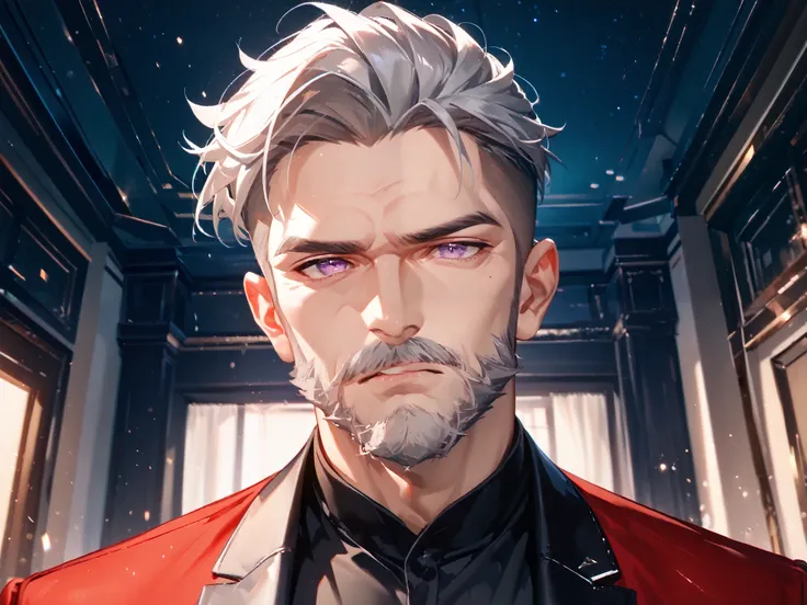 solo, 1boy, old, rich, close portrait, stands in front of the viewer, above the viewer, sad, purple eyes ((Eyes with high detail, no defects, pupils of equal size)), rough face, old face, forehead wrinkles, eye wrinkles, cheek wrinkles, chin wrinkles, manl...