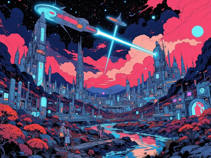 "Futuristic-style (cosmic vistas:1.3), depicting a breathtaking alien planet being colonized by advanced civilizations. The landscape features towering crystalline structures (alien architecture:1.4) surrounded by glowing bioluminescent flora in vibrant ne...