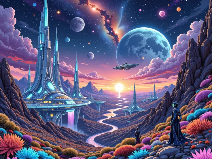 "Futuristic-style (cosmic vistas:1.3), depicting a breathtaking alien planet being colonized by advanced civilizations. The landscape features towering crystalline structures (alien architecture:1.4) surrounded by glowing bioluminescent flora in vibrant ne...