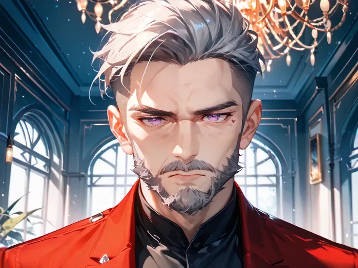 solo, 1boy, old, rich, close portrait, stands in front of the viewer, above the viewer, sad, purple eyes ((Eyes with high detail, no defects, pupils of equal size)), rough face, old face, forehead wrinkles, eye wrinkles, cheek wrinkles, chin wrinkles, manl...