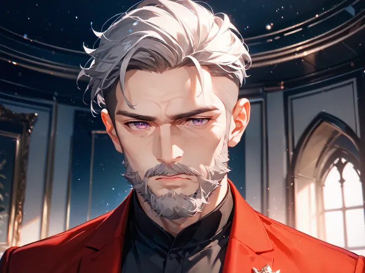 solo, 1boy, old, rich, close portrait, stands in front of the viewer, above the viewer, sad, purple eyes ((Eyes with high detail, no defects, pupils of equal size)), rough face, old face, forehead wrinkles, eye wrinkles, cheek wrinkles, chin wrinkles, manl...