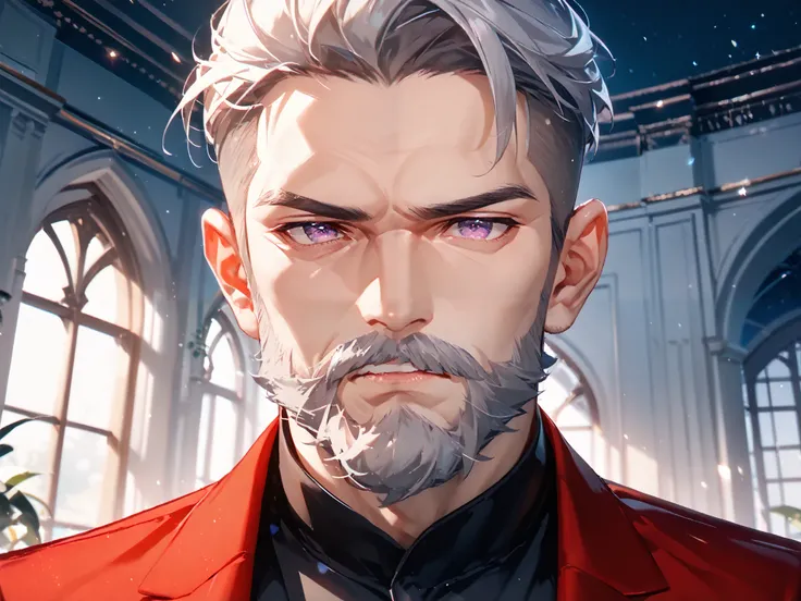 solo, 1boy, old, rich, close portrait, stands in front of the viewer, above the viewer, sad, purple eyes ((Eyes with high detail, no defects, pupils of equal size)), rough face, old face, forehead wrinkles, eye wrinkles, cheek wrinkles, chin wrinkles, manl...