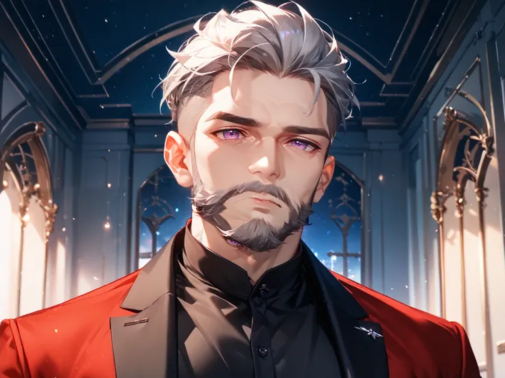 solo, 1boy, old, rich, close portrait, stands in front of the viewer, above the viewer, sad, purple eyes ((Eyes with high detail, no defects, pupils of equal size)), rough face, old face, forehead wrinkles, eye wrinkles, cheek wrinkles, chin wrinkles, manl...