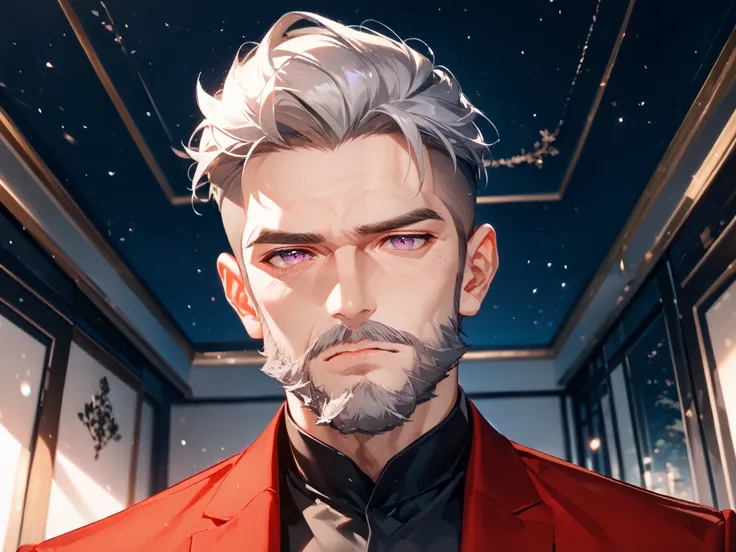 solo, 1boy, old, rich, close portrait, stands in front of the viewer, above the viewer, sad, purple eyes ((Eyes with high detail, no defects, pupils of equal size)), rough face, old face, forehead wrinkles, eye wrinkles, cheek wrinkles, chin wrinkles, manl...