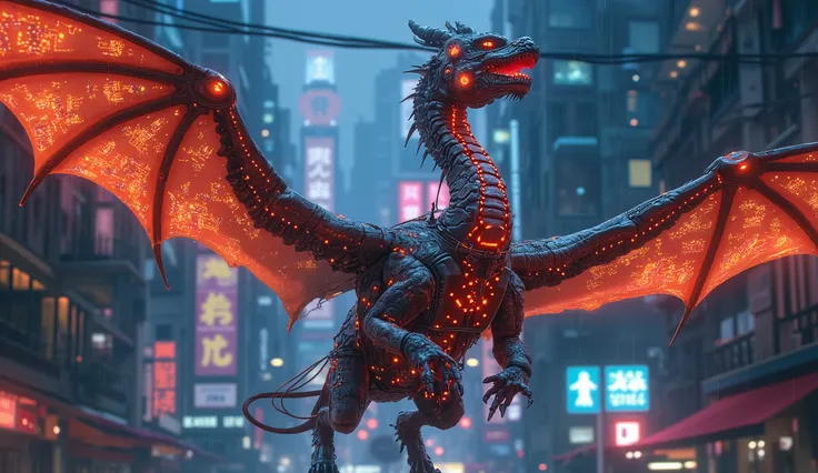 surreal fantasy, cyberpunk, steampunk, neon lights, A dragon with mechanical wings and glowing circuits, soaring over a street in a futuristic city.: artgerm, highly detailed, ilya kuvshinov, volumetric light, yoshitaka amano, Canon50, infrared