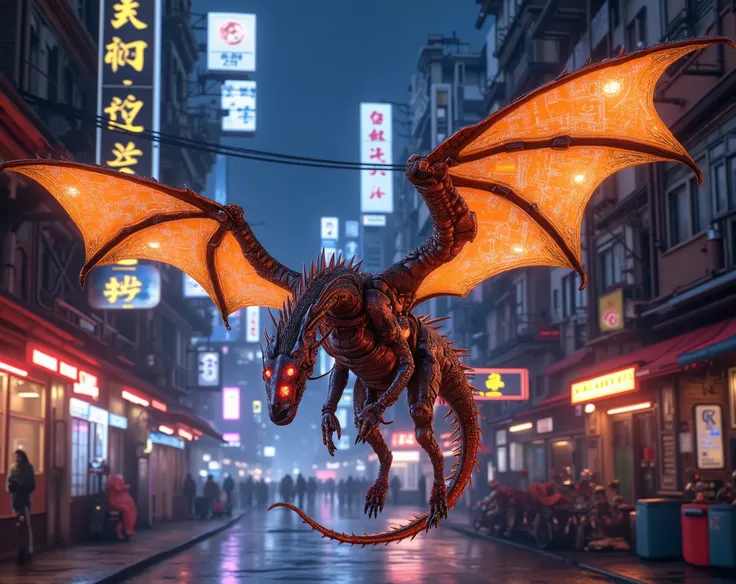 surreal fantasy, cyberpunk, steampunk, neon lights, A dragon with mechanical wings and glowing circuits, soaring over a street in a futuristic city.: artgerm, highly detailed, ilya kuvshinov, volumetric light, yoshitaka amano, Canon50, infrared
