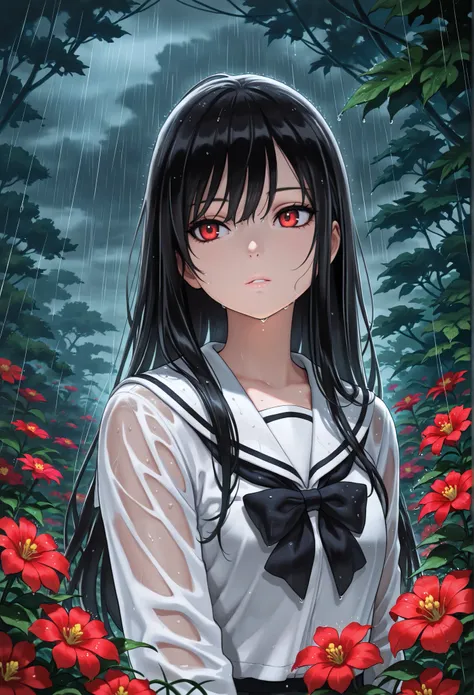 masterpiece, best quality, amazing quality, newest, very aesthetic, 1girl,Image is a digital illustration featuring an anime-style character. The character is a young woman with long, flowing black hair and striking red eyes, set against a dark, moody back...