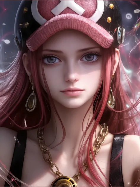 The image features a person with long, flowing pink hair wearing a detailed helmet adorned with buttons and symbols. The outfit includes a black top, complemented by ornate gold jewelry—a large chain necklace and decorative earrings. The background is dyna...
