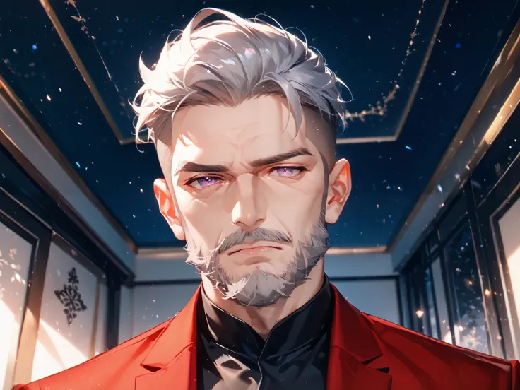 solo, 1boy, old, rich, close portrait, stands in front of the viewer, above the viewer, sad, purple eyes ((Eyes with high detail, no defects, pupils of equal size)), rough face, old face, forehead wrinkles, eye wrinkles, cheek wrinkles, chin wrinkles, manl...
