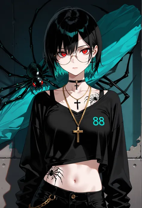 masterpiece, best quality, amazing quality, newest, very aesthetic, 1girl,Image is a digital illustration featuring an anime-style character with a striking appearance. The character has short, black hair with a glossy texture and vibrant red eyes, giving ...