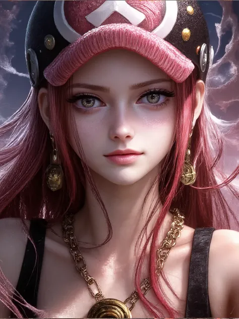 The image features a person with long, flowing pink hair wearing a detailed helmet adorned with buttons and symbols. The outfit includes a black top, complemented by ornate gold jewelry—a large chain necklace and decorative earrings. The background is dyna...