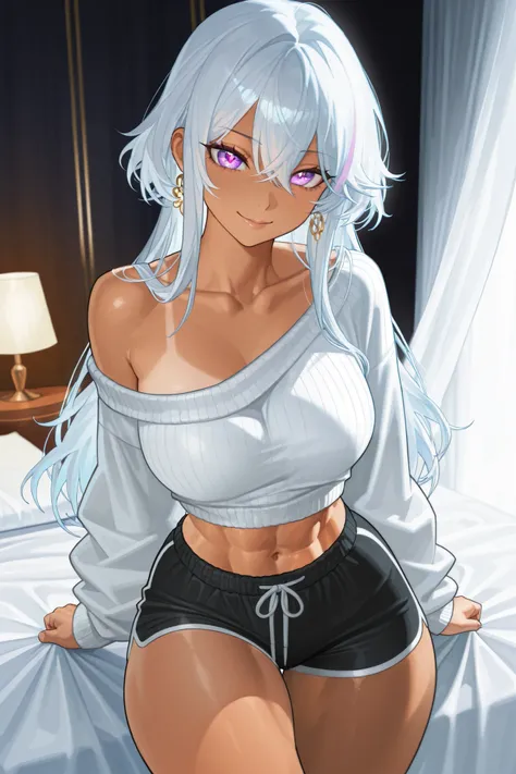 A strikingly beautiful woman with a powerful yet feminine build lounges on a large bed in a softly lit bedroom. She is 6'0" tall, with a muscular yet curvy hourglass figure—broad shoulders, toned arms, a cinched waist, and wide hips. Her long, wavy silver-...