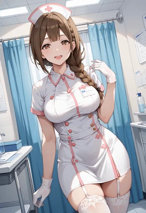 Score_9, score_8_up, score_7_up, source_anime, kuwayama chiyuki, solo, large breasts, single braid, brown hair, brown eyes, (best quality), (high quality), {masterpiece}, extremely delicate and beautiful, ultra-detailed, beautiful detailed eyes, nurse, nur...