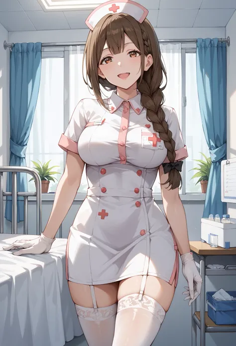 Score_9, score_8_up, score_7_up, source_anime, kuwayama chiyuki, solo, large breasts, single braid, brown hair, brown eyes, (best quality), (high quality), {masterpiece}, extremely delicate and beautiful, ultra-detailed, beautiful detailed eyes, nurse, nur...