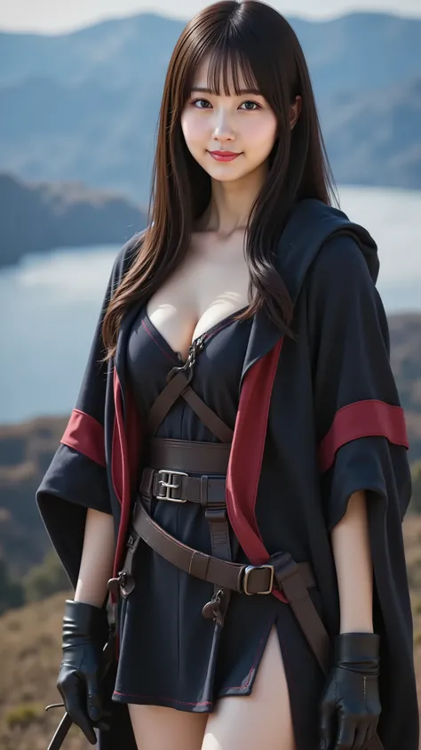 misaki, huge breast, A highly detailed, ultra-realistic digital illustration of a beautiful young Asian female assassin standing confidently in a wide, shadowy field inspired by classic fantasy RPGs. She is captured in a medium close-up shot, ensuring her ...