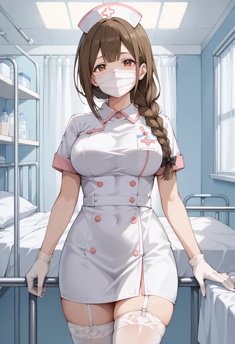Score_9, score_8_up, score_7_up, source_anime, kuwayama chiyuki, solo, large breasts, single braid, brown hair, brown eyes, (best quality), (high quality), {masterpiece}, extremely delicate and beautiful, ultra-detailed, beautiful detailed eyes, nurse, nur...