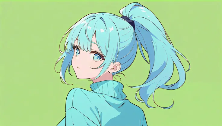 flat color, 
1girl, solo, 
light blue hair, ponytail, light blue eyes, 
looking back over the shoulder, upper body, 
turtleneck sweater, 
simple background, green background, 