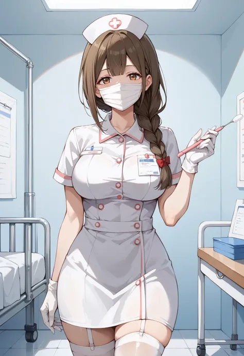 Score_9, score_8_up, score_7_up, source_anime, kuwayama chiyuki, solo, large breasts, single braid, brown hair, brown eyes, (best quality), (high quality), {masterpiece}, extremely delicate and beautiful, ultra-detailed, beautiful detailed eyes, nurse, nur...