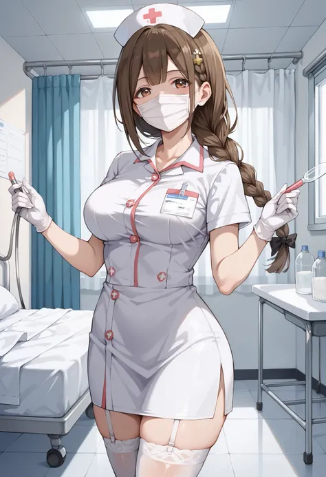 Score_9, score_8_up, score_7_up, source_anime, kuwayama chiyuki, solo, large breasts, single braid, brown hair, brown eyes, (best quality), (high quality), {masterpiece}, extremely delicate and beautiful, ultra-detailed, beautiful detailed eyes, nurse, nur...