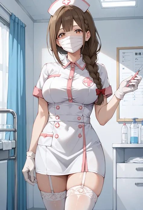 Score_9, score_8_up, score_7_up, source_anime, kuwayama chiyuki, solo, large breasts, single braid, brown hair, brown eyes, (best quality), (high quality), {masterpiece}, extremely delicate and beautiful, ultra-detailed, beautiful detailed eyes, nurse, nur...