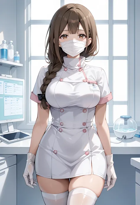 Score_9, score_8_up, score_7_up, source_anime, kuwayama chiyuki, solo, large breasts, single braid, brown hair, brown eyes, (best quality), (high quality), {masterpiece}, extremely delicate and beautiful, ultra-detailed, beautiful detailed eyes, dental hyg...