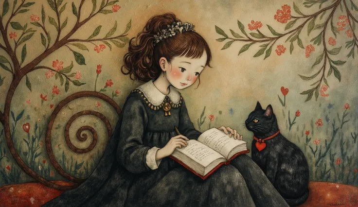 painting of a woman reading a book with a cat sitting next to her, whimsical art, story book art , woman and cat, beautiful and intricate painting, Fairy tale of witch,  intricate fantasy painting , magical realism and dark fantasy, dreamy art, whimsical s...