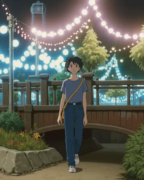 In the style of Studio Ghibli. Young woman with short black hair and gray eyes, sleeve t-shirt, denim long pants, in a very detailed and crowded open park square with lights, drawn in the style of the 80s anime, Studio Ghibli animation, soft pastel colors,...