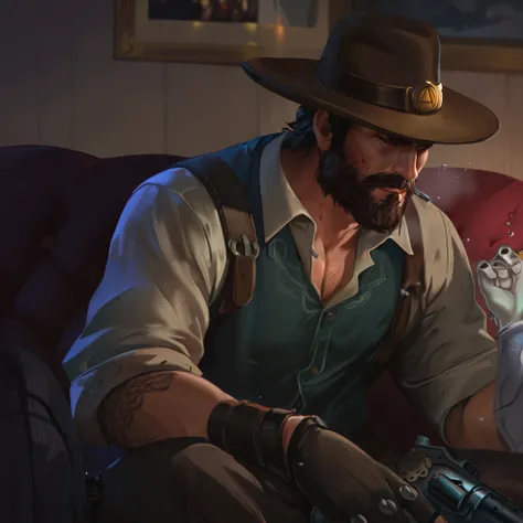 on ArtStation {x} close-up of a man in a hat holding a gun, Jesse McCree, mccree From Overwatch, From Overwatch, saint ( Valorant ), Arthur Morgan , Peeping on ArtStationq, , Quintuplets ,  Panoramic Art with Iconic Characters , red dead redemption art sty...