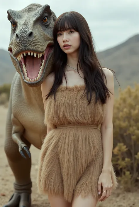Create a portrait of a stunning Japanese female singer, featuring a slender physique with small breasts and thin legs. She has long hair with bangs and is wearing a primitive fur mini dress. The scene captures her standing beside a Tyrannosaurus Rex for a ...