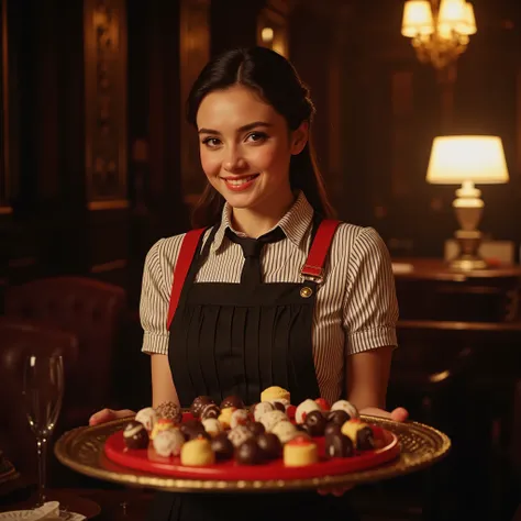 Create a professional photographic shot of a beautiful young woman selling chocolates in an elegant indoor setting. She has long, dark hair styled neatly, with a warm smile and expressive eyes. She wears a classic uniform consisting of a striped white blou...