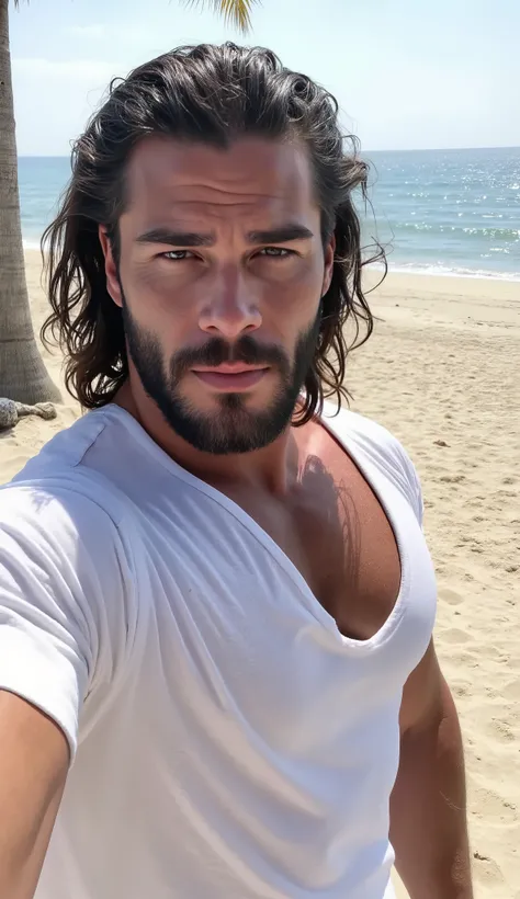 A muscular man with Tarzan's hair and in good shape takes a selfie, il a des airs de Jason Momoa, He is wearing a large, loose T-shirt, a bit torn at the collar for the style, white with a large glue that reveals the torso and shoulders and reveals a lot o...