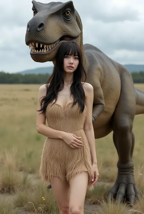 Create a portrait of a stunning Japanese female singer, featuring a slender physique with small breasts and thin legs. She has long hair with bangs and is wearing a primitive fur mini dress. The scene captures her standing beside a Tyrannosaurus Rex for a ...