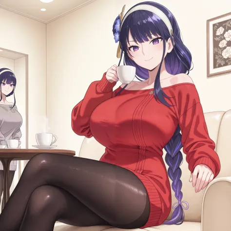 masterpiece, high quality, top quality, very aesthetic, absurd, raiden shogun, braid, headband bun, long hair, one mole, one mole under eye, purple eyes, purple hair, Off shoulder sweater , Off-shoulder drees sweater , medium long drees sweater , Off shoul...