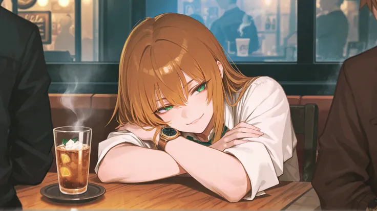 Nathan and Mia sit across from each other at a small café table ,Nathan looks bored while checking his watch, Mia smirks with folded arms. Steam rises from their untouched drinks.