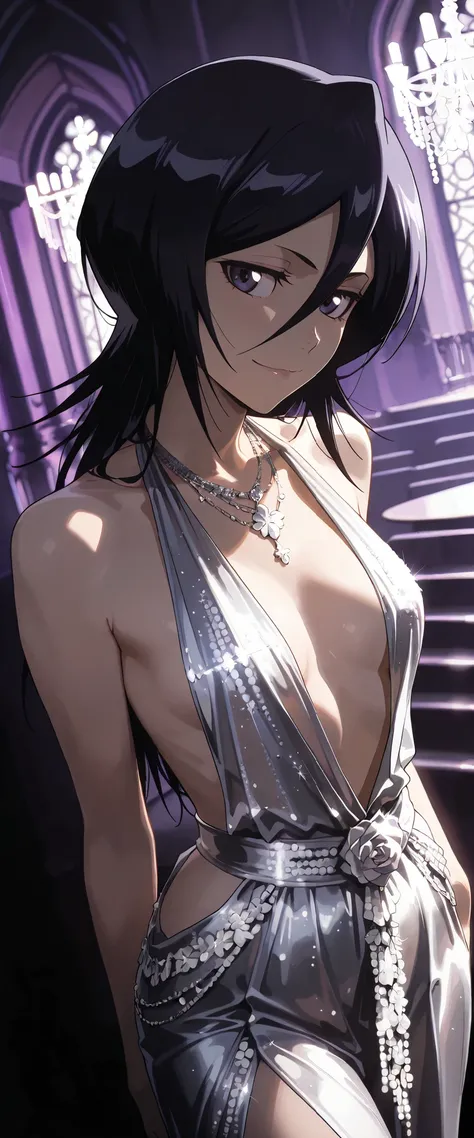 1 woman, kuchiki rukia, dutch angle, dark hair, dark purple eyes, revealing dress, beautiful necklace, seductive smile, elegant pose, silver themed, manor, chiaroscuro, cinematic lights, masterpiece, high quality, highly detailed