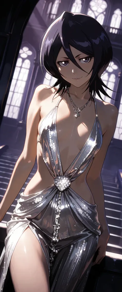 1 woman, kuchiki rukia, dutch angle, dark hair, dark purple eyes, revealing dress, beautiful necklace, seductive smile, seductive pose, silver themed, manor, chiaroscuro, cinematic lights, masterpiece, high quality, highly detailed