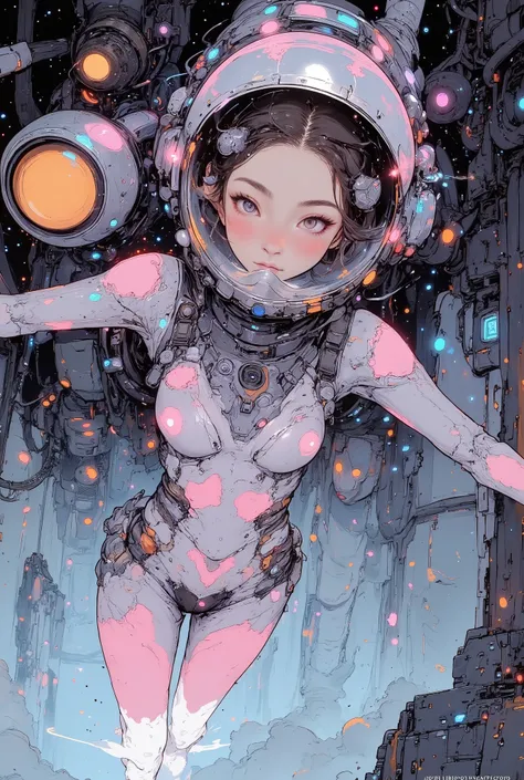 (((Macro))), close up shot : 1.8, space station, ((masutepiece, space suits、Best Beauty Astronaut Images, Glowing expression spinning the earth、Intricate details of the astronaut's suit, Showcasing its advanced design and technology,Swimming in outer spac...