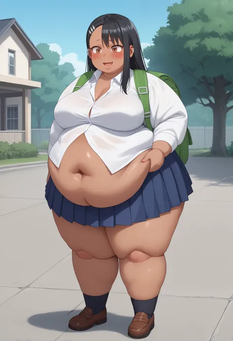masterpiece, best quality, very aesthetic, 1girl, solo, anime screencap, anime coloring, 
nagatoro hayase, brown eyes, dark-skinned female, tan, black hair, hairclip, earclip, hair ornament, long hair, skin fang, 
outfit-white-shirt, white shirt, skirt, pl...