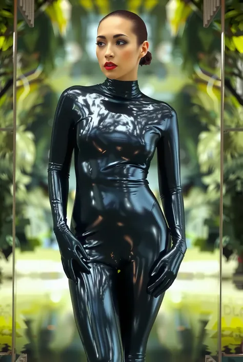 A woman in a black latex bodysuit is standing on tiptoes in nature and on her bodysuit are reflections of trees and the photographer with the camera visible