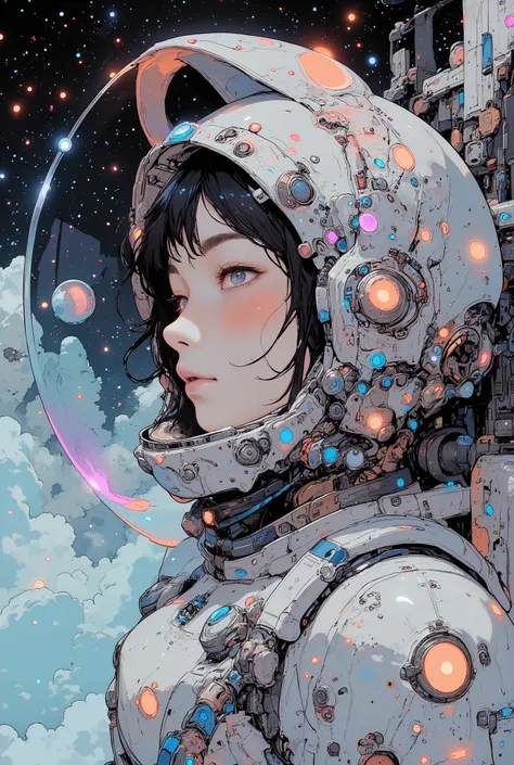 profile, (((side view))), from side, space station, ((masutepiece, space suits、Best Beauty Astronaut Images, Glowing expression spinning the earth、Intricate details of the astronaut's suit, Showcasing its advanced design and technology,Swimming in outer s...