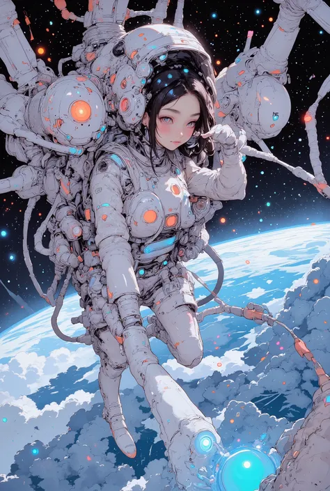 space station, ((masutepiece, space suits、Best Beauty Astronaut Images, Glowing expression spinning the earth、Intricate details of the astronaut's suit, Showcasing its advanced design and technology,Swimming in outer space)), (Great attention is paid to th...