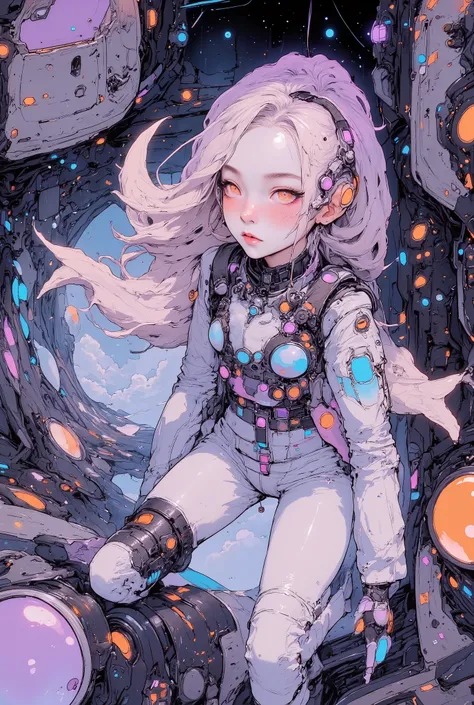 (((Macro))), close up shot : 1.8, space station, ((masutepiece, space suits、Best Beauty Astronaut Images, Glowing expression spinning the earth、Intricate details of the astronaut's suit, Showcasing its advanced design and technology,Swimming in outer space...