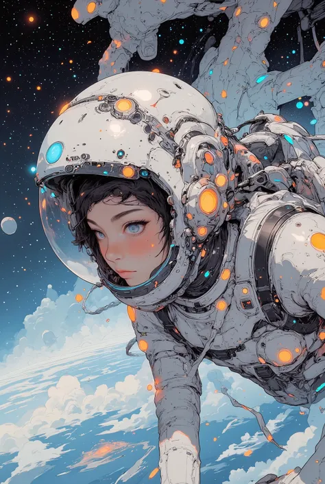 (((Macro))), close up shot : 1.8, space station, ((She wears an astronaut helmet, masutepiece, space suits、Best Beauty Astronaut Images, Glowing expression spinning the earth、Intricate details of the astronaut's suit, Showcasing its advanced design and tec...