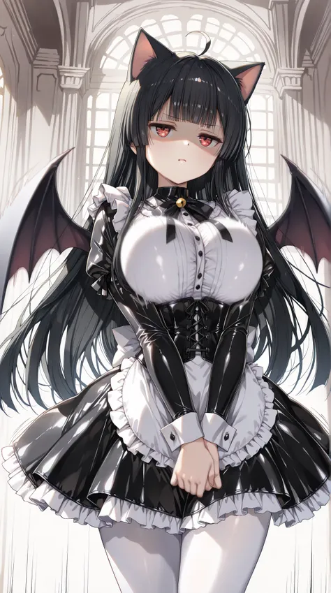 1 mature succubus woman, solo, beautiful and seductive, Alone , (incredible high resolution, Masterpiece, elders, Highly detailed, CG, dibujo de anime elders), (black and white latex gothic maid costume, maid skirt, corset, white tights), (((cat girl, cat ...