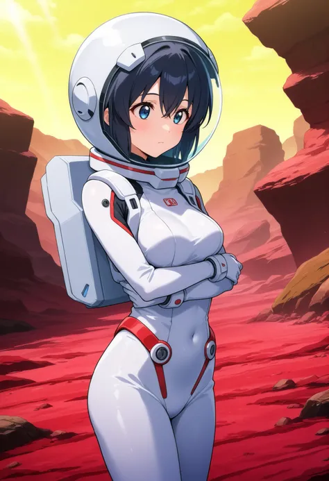 higurashikira, anime screencap, anime coloring, 
1girl, solo, medium girl, black hair, bangs, hair between eyes, blue eyes, medium breasts, 
white space suit, hi tech suit, space helmet, hair inside helmet, 
looking at another, curious, closed mouth, arms ...