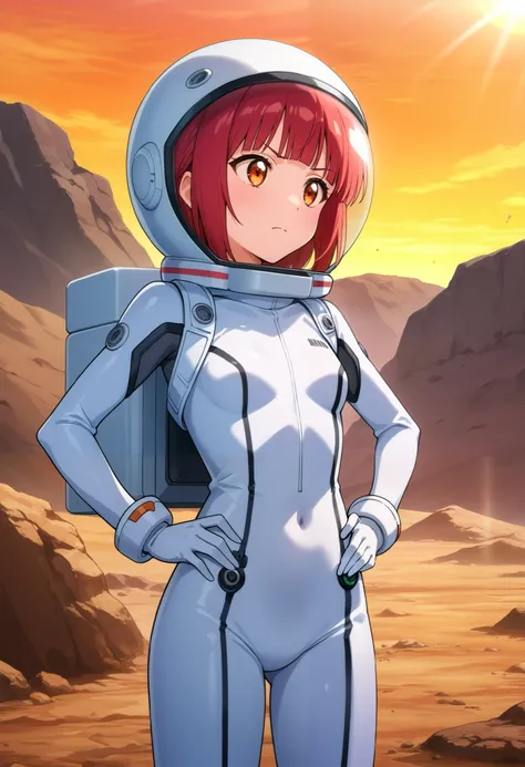 higurashikira, anime screencap, anime coloring, 
1girl, solo, short girl, red hair, blunt bangs, orange eyes, small breasts, 
white space suit, hi tech suit, space helmet, hair inside helmet, 
looking at another, tsundere, closed mouth, hands on hip, stand...