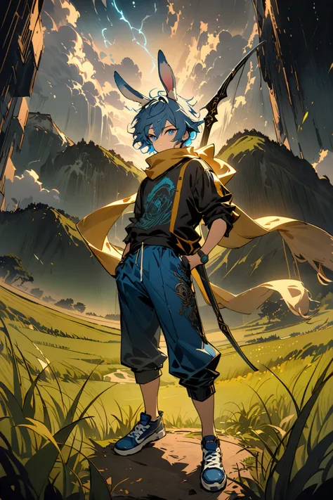 塔罗牌,类似扑克牌K,(Show more background and reduce the proportion of characters in the picture), In the center of the picture is a boy with rabbit ears. A ten-year-old boy, all blue, sky blue rabbit ears, sky blue hair, standing on the grassland, He slung the bow...