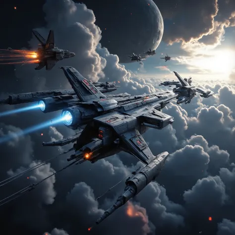 A breathtaking, hyper-detailed cinematic shot of massive intergalactic fleets engaging in a high-stakes battle in deep space. Gigantic warships with glowing energy cores, firing plasma beams and missiles, as explosions ripple through the cosmic battlefield...